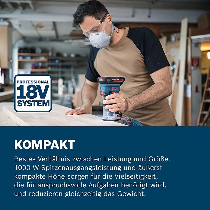 Bosch Professional AMPShare 18V Akku-Kantenfräser GKF 18V-8 - 18 V, Ohne Akku, 10.000 U/min - 30.000 U/min - Eine Person in Schutzkleidung bearbeitet Holz mit einem blauen Bosch 18V Akku-Fräser in einer Werkstatt.