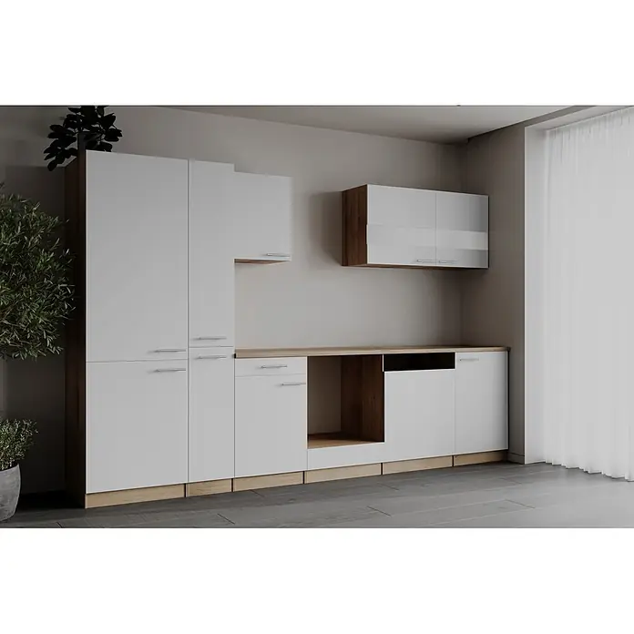 Respekta Merle Küchenleerblock - Breite: 310 cm, Weiß, Ohne Elektrogeräte - Modulare Küchenzeile mit weißen Schränken, Holzdetails und Metallgriffen, inklusive Hochschränken, Oberschränken und Unterschränken mit Gerätenische.