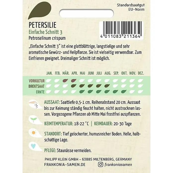 Frankonia Samen Saatgut Petersilie, Einfache Schnitt 3 - Petroseinum crispum, 1,73 g - Samentüte für Petersilie 'Einfache Schnitt 3' mit Anbauanweisungen.