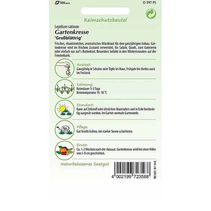 Samen Pfann Saatgut Gartenkresse, großblättrig - Lepidium sativum, 2,4 g - Samenbeutel für Gartenkresse 'Großblättrig' mit Anbauanleitung, Produktinformationen und Barcode.