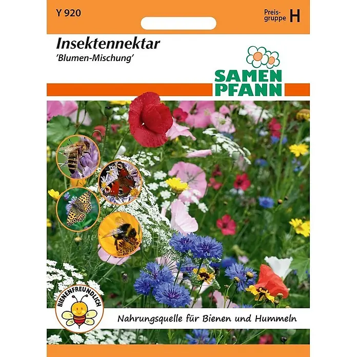 Samen Pfann Saatgut Blumenmischung, Insektennektar -  - Samenpäckchen für 'Insektennektar' Blumenmischung mit Bildern bunter Blumen, Bienen und Schmetterlingen, als bienenfreundlich gekennzeichnet.