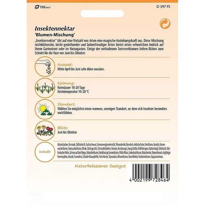Samen Pfann Saatgut Blumenmischung, Insektennektar -  - Samenpaket "Insektennektar Blumen-Mischung" von TEKWEST mit Anzuchtanleitung und Sortenliste für eine insektenfreundliche Blumenpracht.