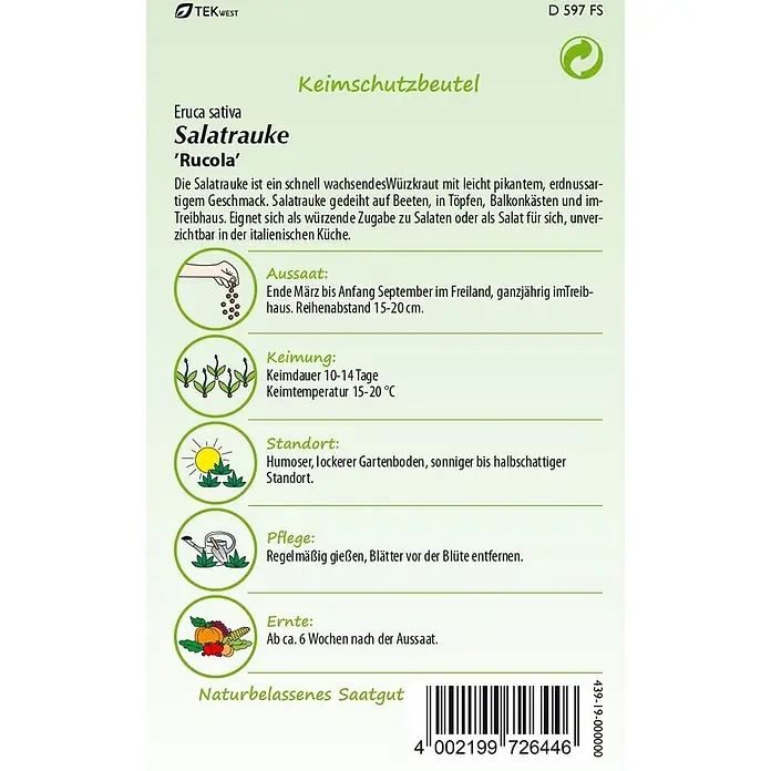 Samen Pfann Saatgut Salatrauke, Rucola - Eruca sativa - Saatguttüte für Salatrauke (Rucola) mit detaillierten Anbauanweisungen zu Aussaat, Keimung, Standort, Pflege und Ernte, inklusive Barcode.