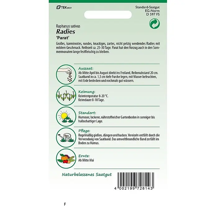 Samen Pfann Saatgut Radies, Parat Saatband - Raphanus sativus, 2,5 g - Radieschen-Saatgut 'Parat' mit Anbauinformationen.