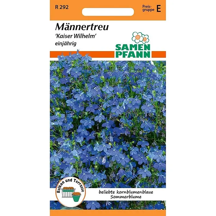 Samen Pfann Saatgut Männertreu (Lobelia), Kaiser Wilhelm - Lobelia Männertreu, 1,6 g - Samentüte mit leuchtend kornblumenblauen Männertreu-Blüten, geeignet für Balkon und Terrasse.
