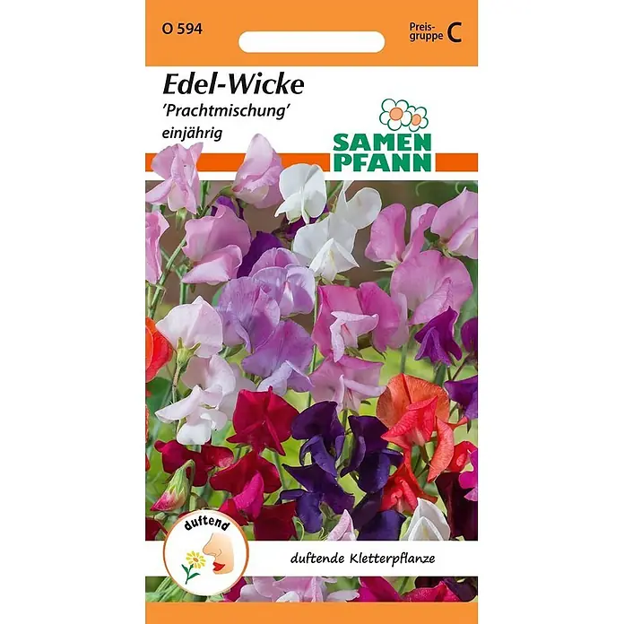 Samen Pfann Saatgut Edel-Wicke, Prachtmischung - Lathyrus odoratus - Samenpackung für Edel-Wicken 'Prachtmischung' mit buntem Mix einjähriger, duftender Kletterblumen in Rosa, Lila, Weiß, Orange und Rot.