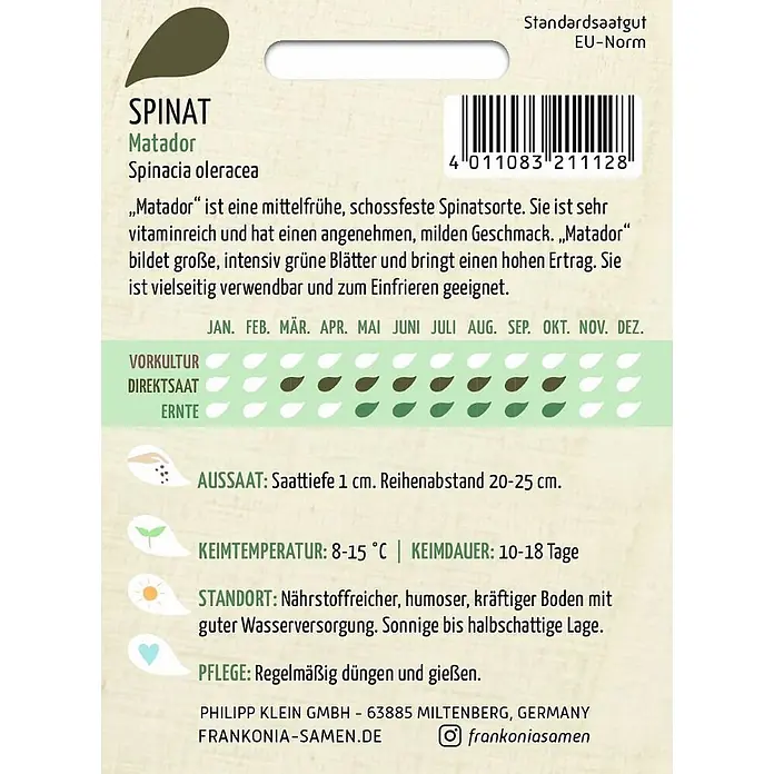Frankonia Samen Saatgut Spinat, Matador - Spinacia oleracea, 2,53 g - Grüne und weiße Verpackung für Spinat 'Matador' Samen mit Anbauanweisungen.