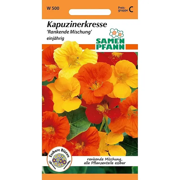 Samen Pfann Saatgut Kapuzinerkresse, rankende Mischung - Tropaeolum majus - Samenpäckchen für Rankende Kapuzinerkresse mit Abbildung leuchtend gelber, oranger und roter essbarer Blüten.