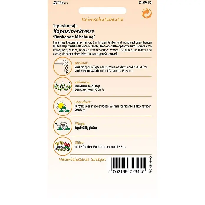 Samen Pfann Saatgut Kapuzinerkresse, rankende Mischung - Tropaeolum majus - Samenpäckchen für Kapuzinerkresse 'Rankende Mischung', mit Pflanzanleitung und Barcode.
