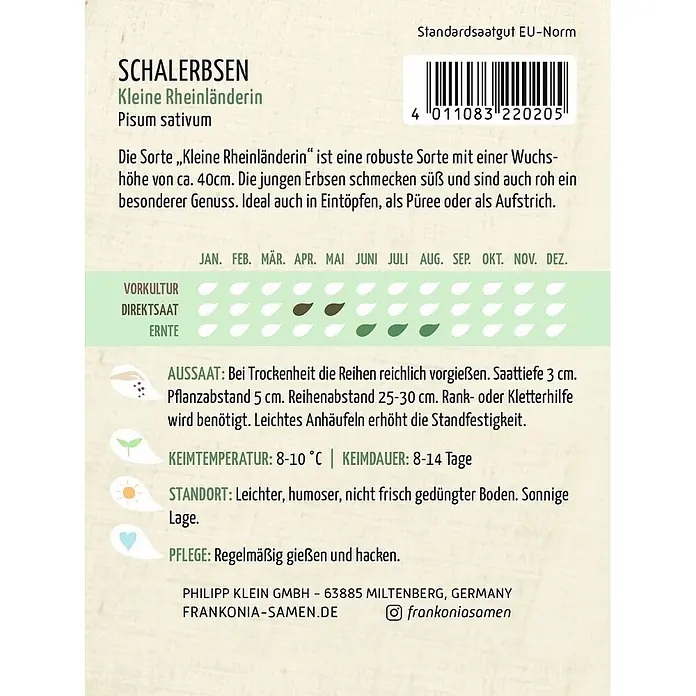 Frankonia Samen Saatgut Schalerbse, Kleine Rheinländerin - Pisum sativum, 5,67 g - Samenpäckchen für "Kleine Rheinländerin" Schalerbsen mit deutscher Produktinfo, Aussaatanleitung und Barcode.