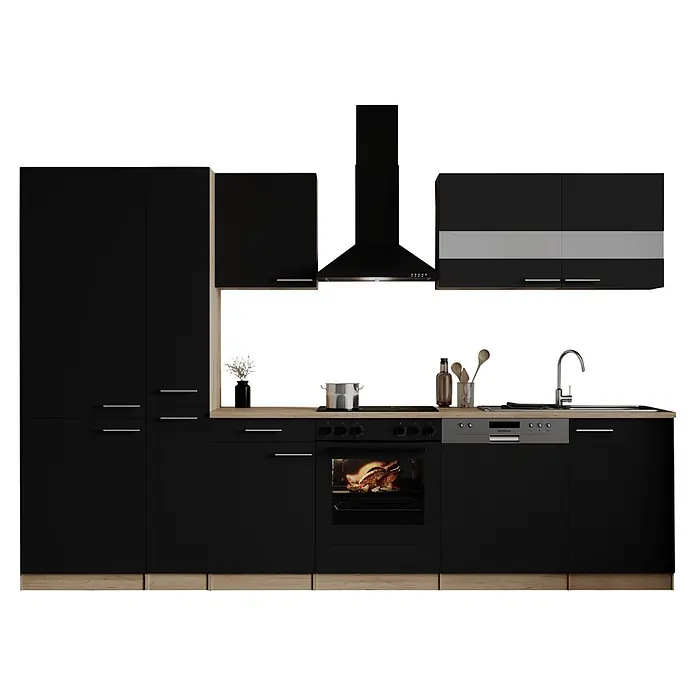 Respekta Küchenzeile Merle - Breite: 310 cm, Schwarz, Mit Elektrogeräten - Moderne schwarze Küchenzeile mit Holzdetails, Backofen, Kochfeld, Spüle und Geschirrspüler.