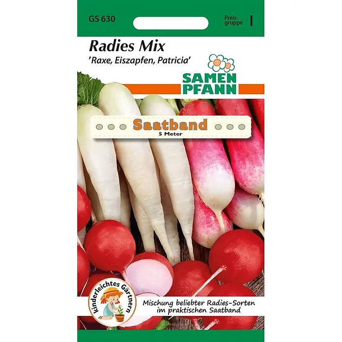 Samen Pfann Saatgut Radies Mix, Saatband - Raphanus sativus - Samenpackung für Radieschen-Mischung (rot, weiß, rosa), mit 5 Metern praktischem Saatband zum einfachen Pflanzen.