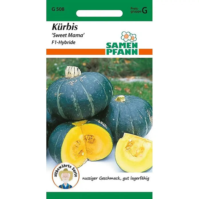 Samen Pfann Saatgut Kürbis, Sweet Mama - Cucurbita maxima, var. Sweet Mama F1, 1,6 g - Samentüte für 'Sweet Mama' Kürbis, zeigt dunkelgrüne Kürbisse, einer aufgeschnitten mit leuchtend orangem Fruchtfleisch.
