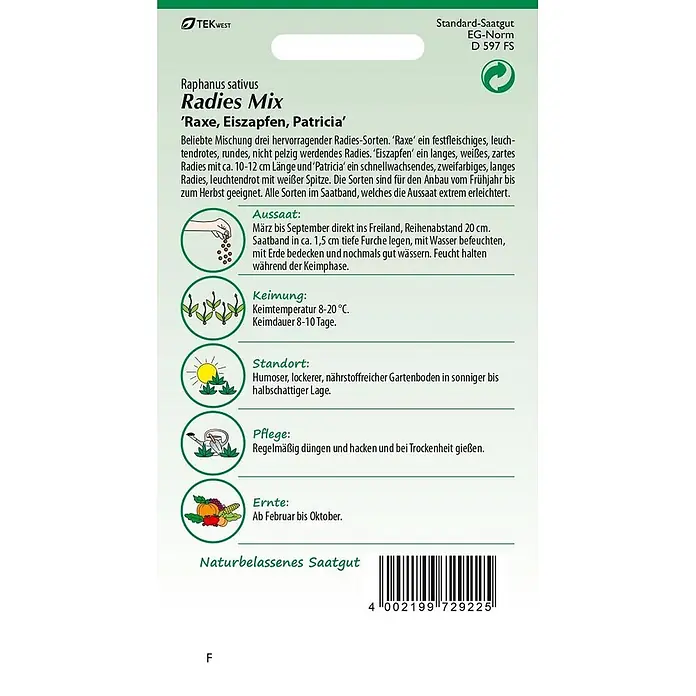 Samen Pfann Saatgut Radies Mix, Saatband - Raphanus sativus - Grünes und weißes Samenpäckchen für „Radies Mix“ Radieschensamen, mit Pflanzinformationen und Barcode.