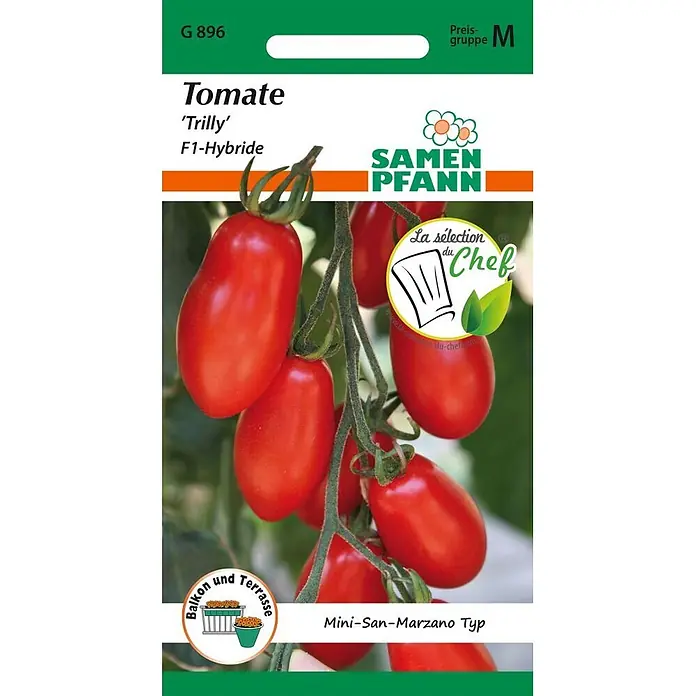 Samen Pfann Saatgut Tomate San Marzano, Trilly F1 - Solanum lycopersicum, 1,6 g - Samenpäckchen für rote 'Trilly' F1-Hybride Mini-San-Marzano Tomaten, geeignet für Balkon und Terrasse.