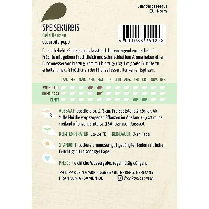 Frankonia Samen Saatgut Speisekürbis, Gele Reuzen - Cucurbita pepo, 1,68 g - Saatguttüte für Speisekürbis 'Gele Reuzen', mit Pflanzanleitung und Barcode.