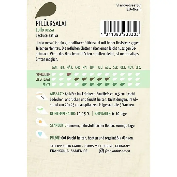 Frankonia Samen Saatgut Pflücksalat, Lollo Rossa - Lactuca sativa, 1,53 g - Samenpäckchen für Pflücksalat 'Lollo rossa' mit Anbauanleitung und Firmeninformationen.