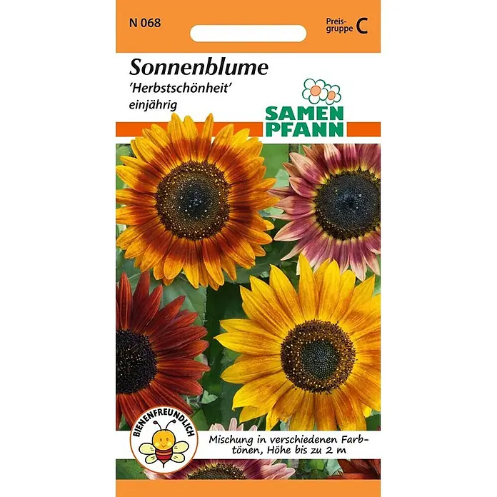 Samen Pfann Saatgut Sonnenblume, Herbstschönheit - Helianthus annuus - Sonnenblumen-Samentüte 'Herbstschönheit' mit bunten Sonnenblumen. Bienenfreundlich, bis 2m Wuchshöhe.