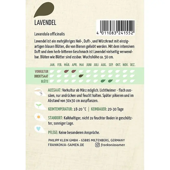 Frankonia Samen Saatgut Lavendel - Lavandula officinalis, 1,48 g - Samenpäckchen für Lavandula officinalis mit Aussaat- und Pflegehinweisen.