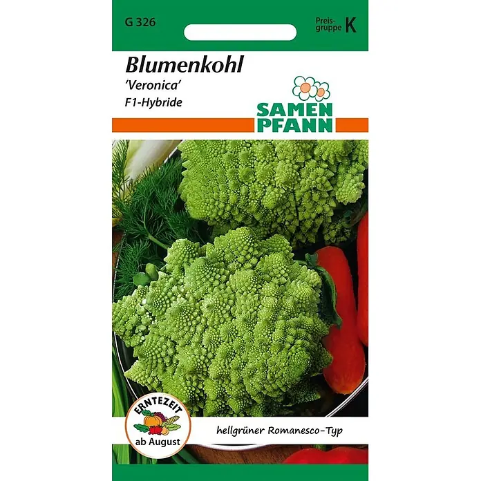 Samen Pfann Saatgut Blumenkohl, Veronica F1, Romanesco-Typ - Brassica oleracea, var. Veronica F1 /Romanesco-Typ, 1,6 g - Samenpackung für hellgrünen Romanesco-Blumenkohl 'Veronica', F1-Hybride. Ernte ab August.