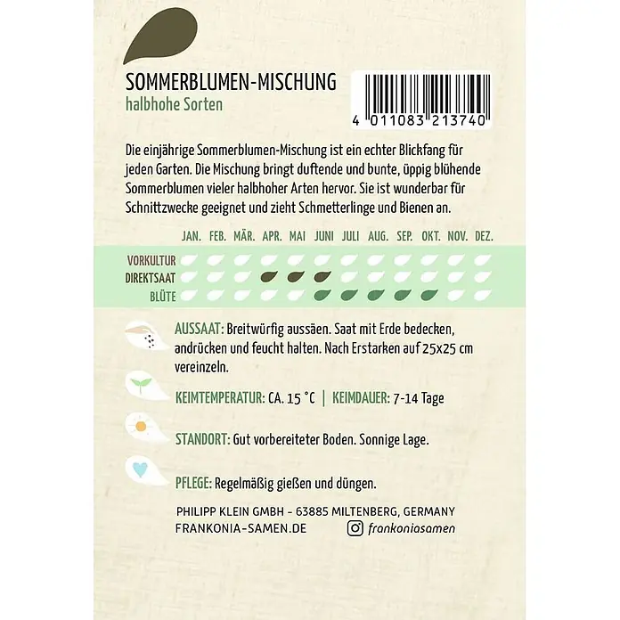 Frankonia Samen Saatgut Sommerblumen-Mischung, halbhohe Sorten - 1,63 g - Samentüte für eine Sommerblumen-Mischung halbhoher Sorten, mit deutscher Pflanzanleitung und Barcode.