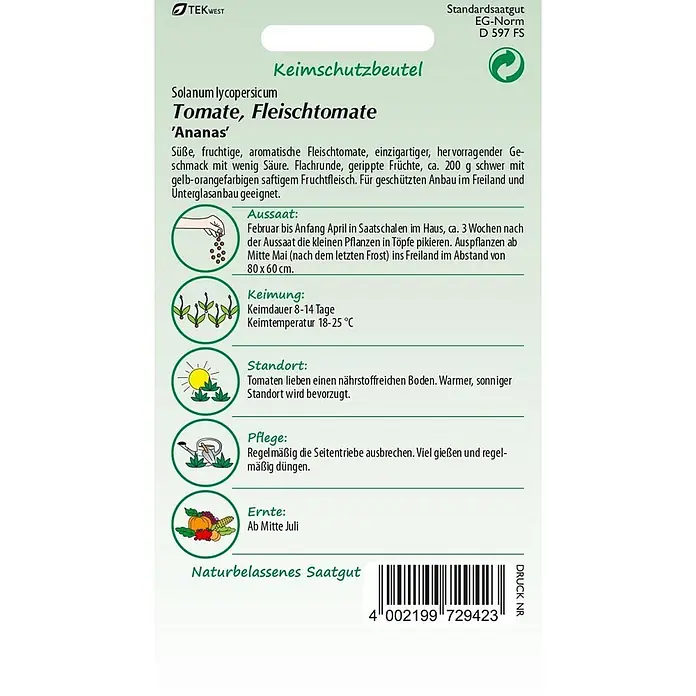 Samen Pfann Saatgut Fleischtomate, Ananas - Solanum lycopersicum, var. Ananas, 1,6 g - Samentüte für 'Ananas' Tomaten mit Anbauinformationen und Barcode.