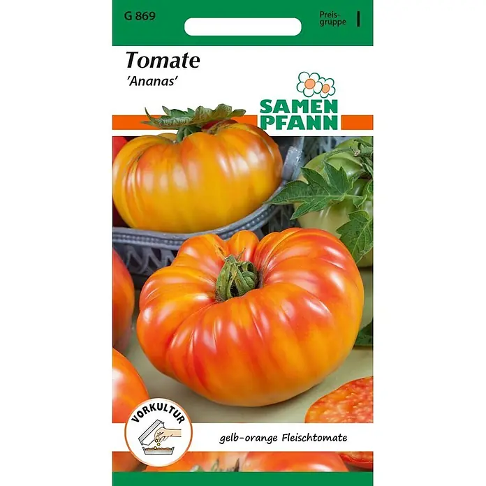 Samen Pfann Saatgut Fleischtomate, Ananas - Solanum lycopersicum, var. Ananas, 1,6 g - Saatguttüte für gelb-orange Fleischtomate 'Ananas', zeigt große, gerippte Früchte.