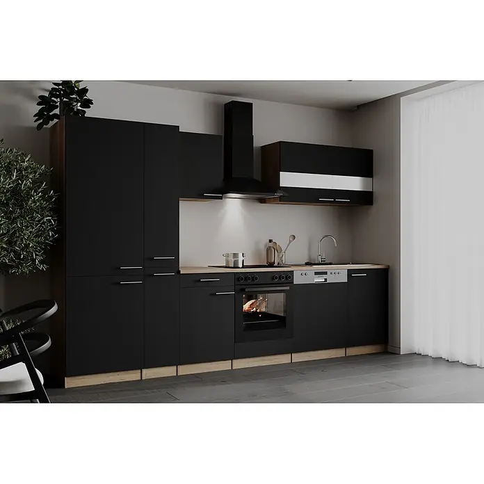 Respekta Küchenzeile Merle - Breite: 310 cm, Schwarz, Mit Elektrogeräten - Moderne schwarze Küche mit Holz-Arbeitsplatte und Sockelleiste, integriertem Backofen, Kochfeld, Spüle und Geschirrspüler.