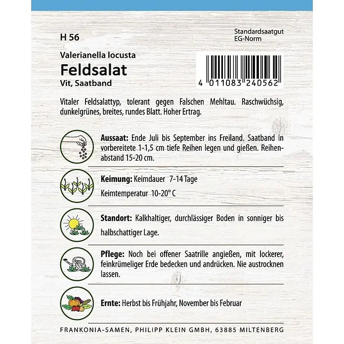 Frankonia Samen Saatgut Feldsalat, Vit Saatband - Valerianella locusta, 2,37 g - Samenpäckchen für Feldsalat mit Anbau- und Pflegeinformationen.
