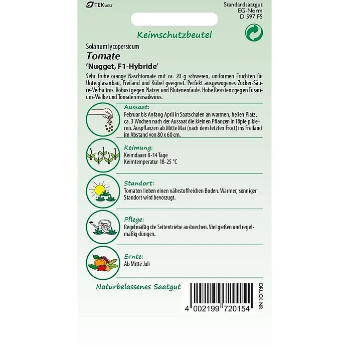 Samen Pfann Saatgut Tomate, Nugget F1 - Solanum lycopersicum, 1,6 g - Saatgutpackung für 'Nugget, F1-Hybride' Tomaten mit Anbauanweisungen.