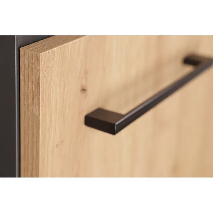 Respekta Miniküche Oliver - Breite: 100 cm, Artisan Eiche Nachbildung, Mit Glaskeramikkochfeld, Mit Oberschrank - Schranktür in heller Holzoptik mit schwarzem Metallgriff, neben einem dunkelgrauen Schrankrahmen.