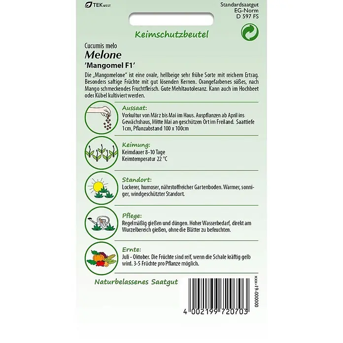 Samen Pfann Saatgut Melone, Mangomel F1 (Mangomelone) - Cucumis melo, 1,6 g - Grün-weiße Samenpackung für 'Mangomel F1' Melone mit Anbauanleitung und Barcode.