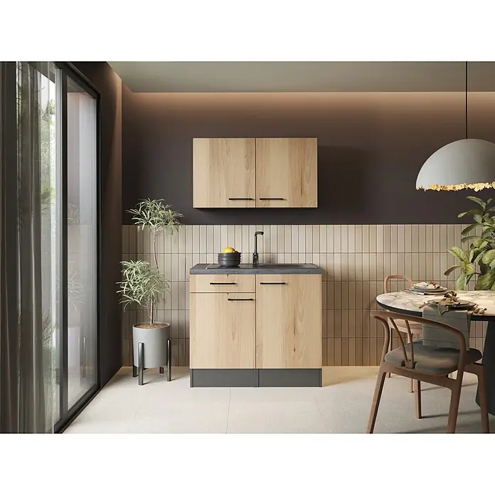 Respekta Komplettspüle - 100 x 60 cm, Artisan Eiche Nachbildung, Mit Oberschrank - Heller Holzschrank mit Spülbecken und dunkelgrauer Arbeitsplatte in modernem Interieur.