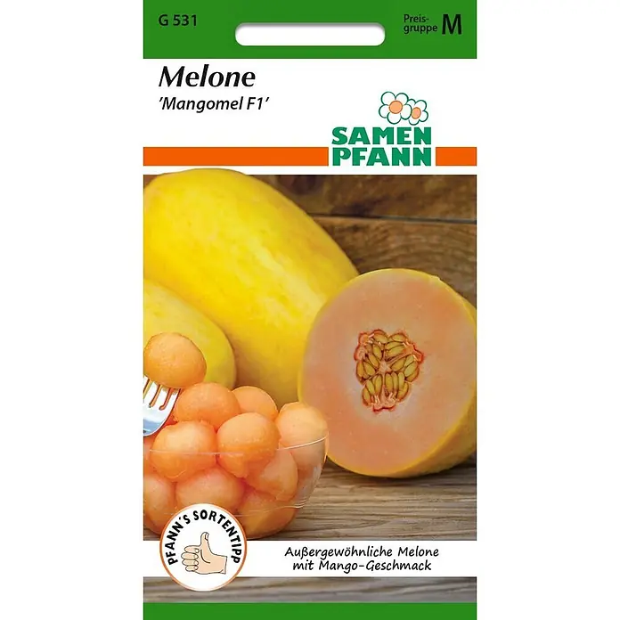 Samen Pfann Saatgut Melone, Mangomel F1 (Mangomelone) - Cucumis melo, 1,6 g - Samenpackung für 'Mangomel F1' Melone, zeigt gelbe und orange Melonen, beworben als außergewöhnlich mit Mango-Geschmack.
