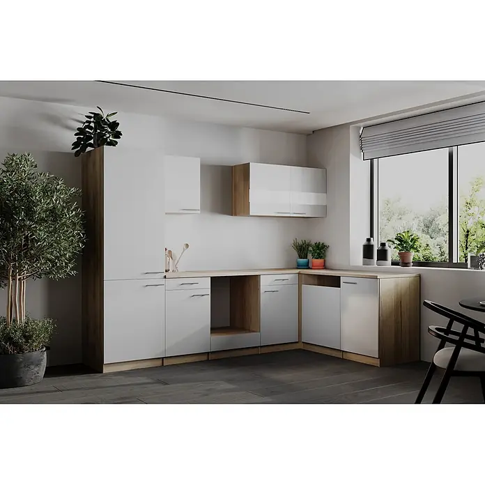 Respekta Merle Küchenleerblock - B x L: 280 x 172 cm, Weiß, Ohne Elektrogeräte - Moderne L-förmige Küche mit weiß-holzfarbenen Schränken, hellen Arbeitsplatten und dunklem Boden.
