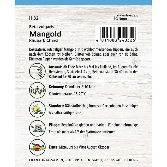 Frankonia Samen Saatgut Mangold, Rhubarb Chard - Beta vugaris, 1,55 g - Samenpäckchen für Mangold Rhubarb Chard mit rotem Markennamen, Anbauanleitung und Barcode.