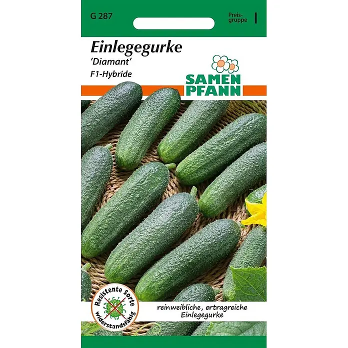 Samen Pfann Saatgut Einlegegurke, Diamant F1 - Cucumis sativus, 1,6 g - Samenpackung für Einlegegurke 'Diamant' F1-Hybride, zeigt frische grüne Gurken auf geflochtenem Hintergrund.