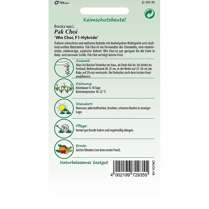 Samen Pfann Saatgut Pak Choi, Chinesischer Senfkohl, Win Choi F1 - Brassica rapa L., 1,6 g - Pak Choi Saatgutpackung mit detaillierten Anbauinformationen.
