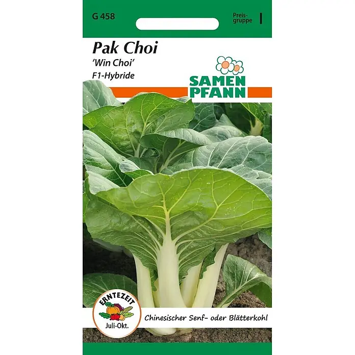 Samen Pfann Saatgut Pak Choi, Chinesischer Senfkohl, Win Choi F1 - Brassica rapa L., 1,6 g - Samenpaket für Samen Pfann Pak Choi 'Win Choi' F1-Hybride, mit Abbildung der Pflanze und Erntezeit.