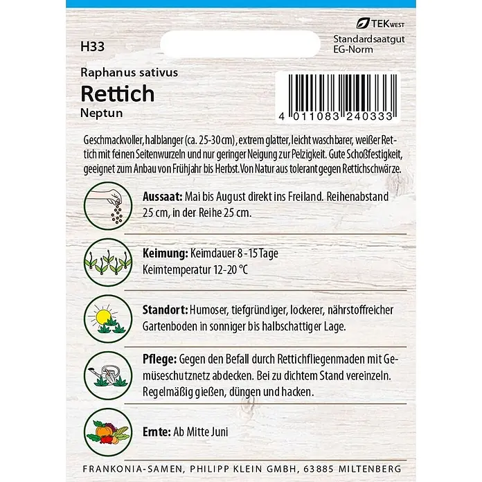 Frankonia Samen Saatgut Rettich, Neptun F1 - Raphanus sativus, 1,47 g - Samenpäckchen für Rettich Neptun, mit Aussaat-, Pflege- und Ernteinformationen.
