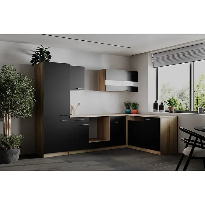 Respekta Merle Küchenleerblock - B x L: 280 x 172 cm, Schwarz, Ohne Elektrogeräte - Moderne Eckküche mit schwarzen Türen, Holzdekorrahmen und einer hellen Arbeitsplatte in Holzoptik.