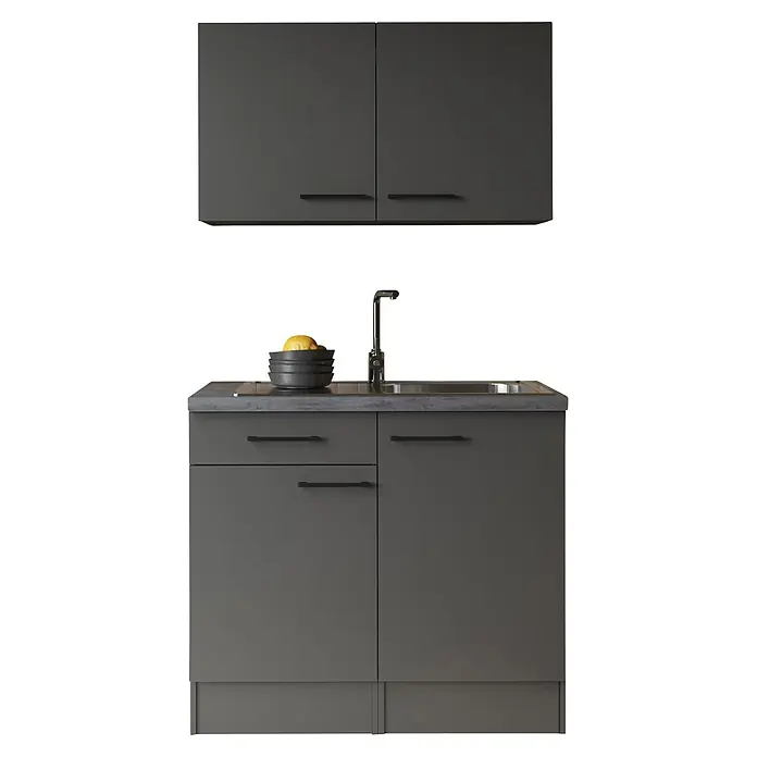 Respekta Komplettspüle - 100 x 60 cm, Grau, Mit Oberschrank - Dunkelgrauer Küchenspülenschrank mit passenden Oberschränken, Spüle, Armatur und grauer Arbeitsplatte.