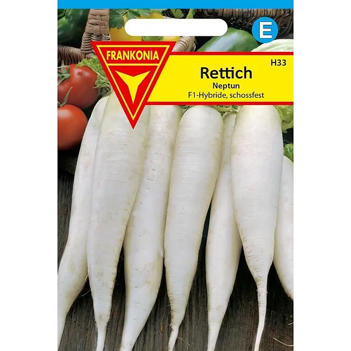 Frankonia Samen Saatgut Rettich, Neptun F1 - Raphanus sativus, 1,47 g - Weiße Rettich 'Neptun' auf Samenpackung, F1-Hybride, schossfest.