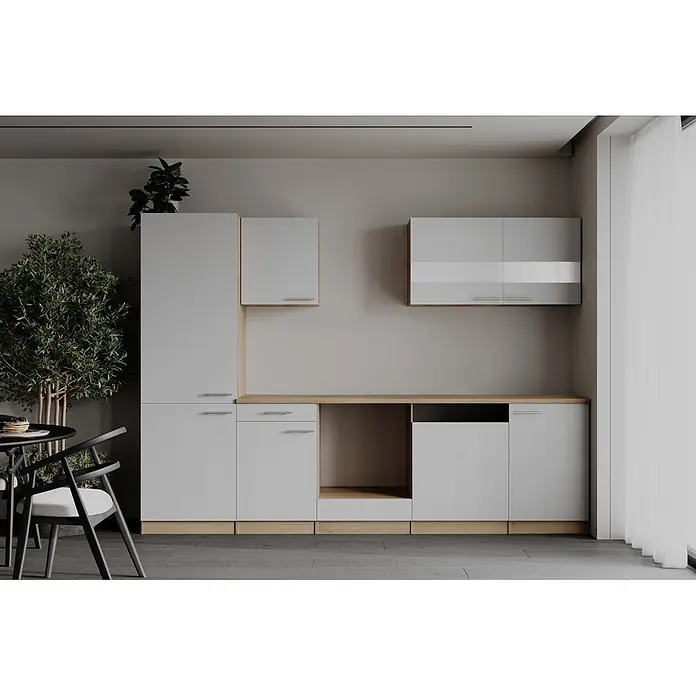 Respekta Merle Küchenleerblock - Breite: 280 cm, Weiß, Ohne Elektrogeräte - Modulare hellgraue Küchenzeile mit glänzenden Akzenten und Holzdetails, inklusive diverser Schränke.