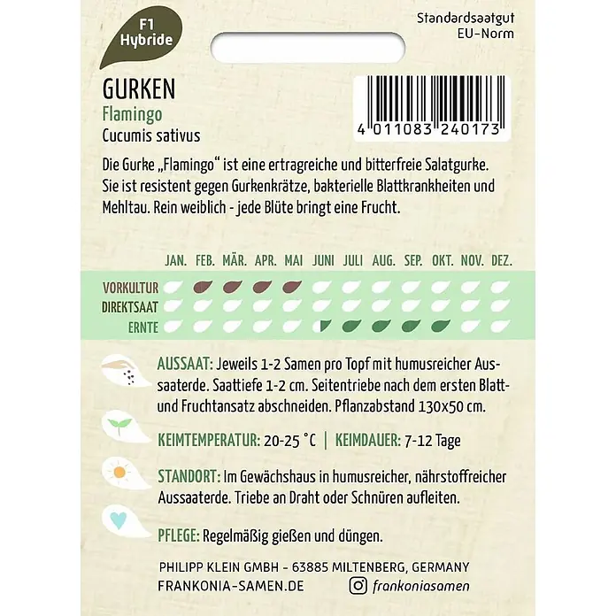 Frankonia Samen Saatgut Salatgurke, Flamingo F1 - Cucumis sativus - Gurken F1 Hybrid 'Flamingo' Samenpackung mit Pflanzanleitung für ertragreiche, resistente Salatgurken.