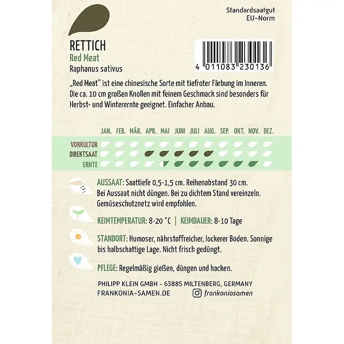 Frankonia Samen Saatgut Rettich, Red Meat - Raphanus sativus - Rettich 'Red Meat' Samenpackung mit Sortenname, botanischen Infos, Pflanzkalender und Anbauanweisungen.