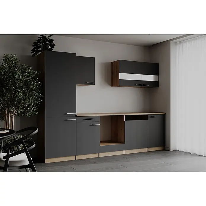 Respekta Merle Küchenleerblock - Breite: 280 cm, Grau, Ohne Elektrogeräte - Moderne Modulküche mit dunkelgrauen Schränken, hellen Holz-Arbeitsplatten und Sockeln in einem zeitgenössischen Wohnraum.