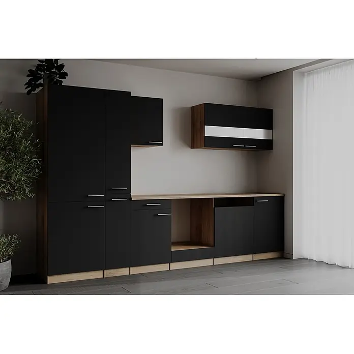Respekta Merle Küchenleerblock - Breite: 310 cm, Schwarz, Ohne Elektrogeräte - Moderne schwarze Küchenschränke mit Holzoptik-Elementen, Griffen und heller Arbeitsplatte in Holzoptik.
