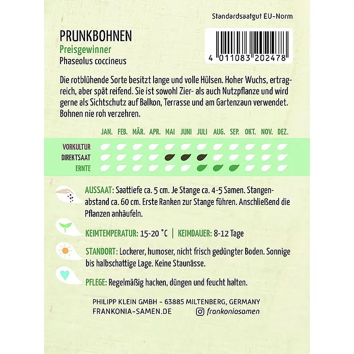 Frankonia Samen Saatgut Prunk- und Feuerbohne, Preisgewinner - Phaseolus cossineus, 5,17 g - Samentüte für Prunkbohnen mit Pflanzanleitung, Aussaat- und Erntekalender.
