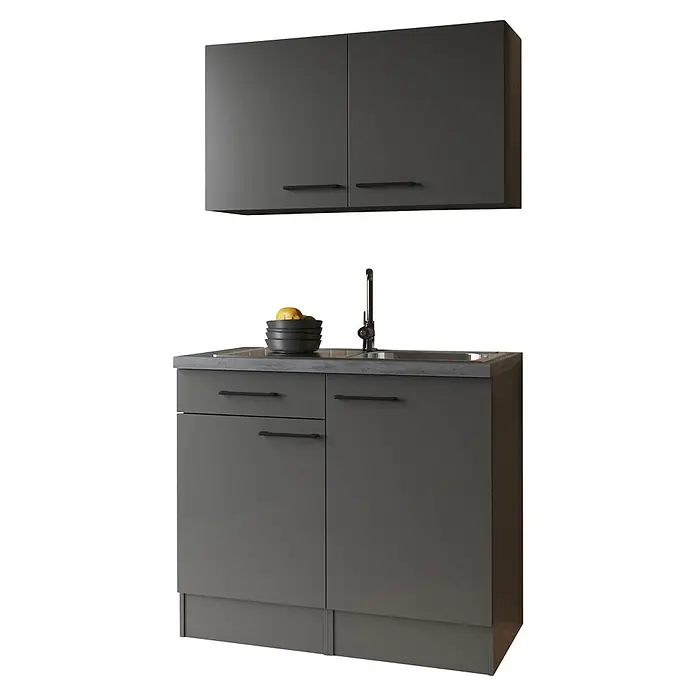 Respekta Komplettspüle - 100 x 60 cm, Grau, Mit Oberschrank - Dunkelgraue Küchenschrank-Kombination mit Ober- und Unterschränken, Spülbecken und Wasserhahn.